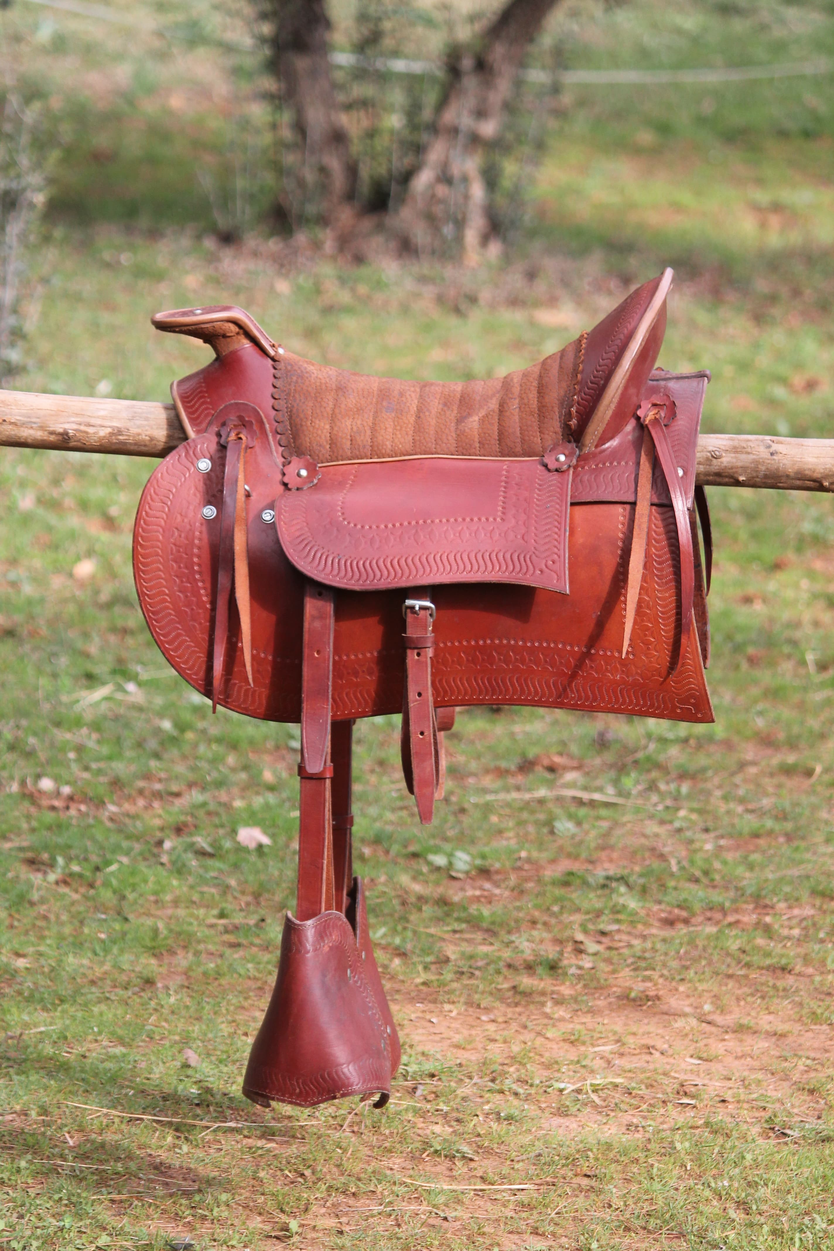 Selle d'équitation en cuir acajou, vue trois-quart, étrivières et étriers.